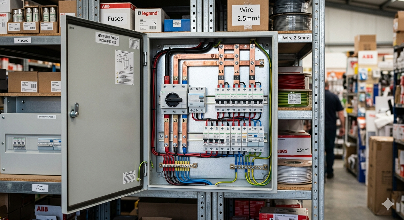 distribution panel interior , mcbs and busbars, displayed in an electrical shop rack